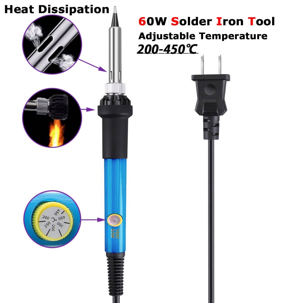 60W Electric Soldering Iron Welding Tool Kit Set Ceramic Heater Adjustable Temperature w/ Solder Pump Wire Tweezer Tip 110/220V
