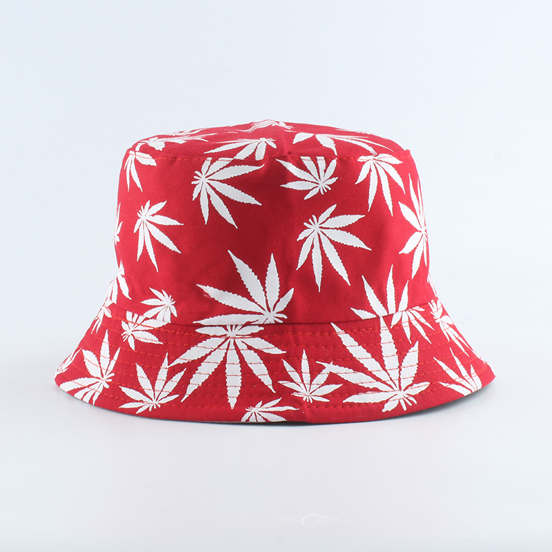 Hip hop grøn hvid sort blad print fiskeri hat panama spand hatte til mænd kvinder sommer bob vendbar spand cap: Rød med hvid