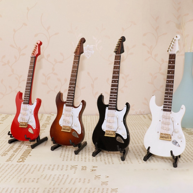 Houten Miniatuur Elektrische Gitaar Met Stand En Case Mini Muziekinstrument Miniatuur Poppenhuis Model Zwart