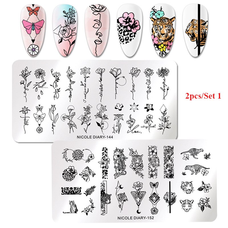 2Pcs Nicole Dagboek Nail Stempelen Platen Lente Bloem Rechthoek Rvs Nail Image Stencils Stempelen Template Tool: 2pcs set 1