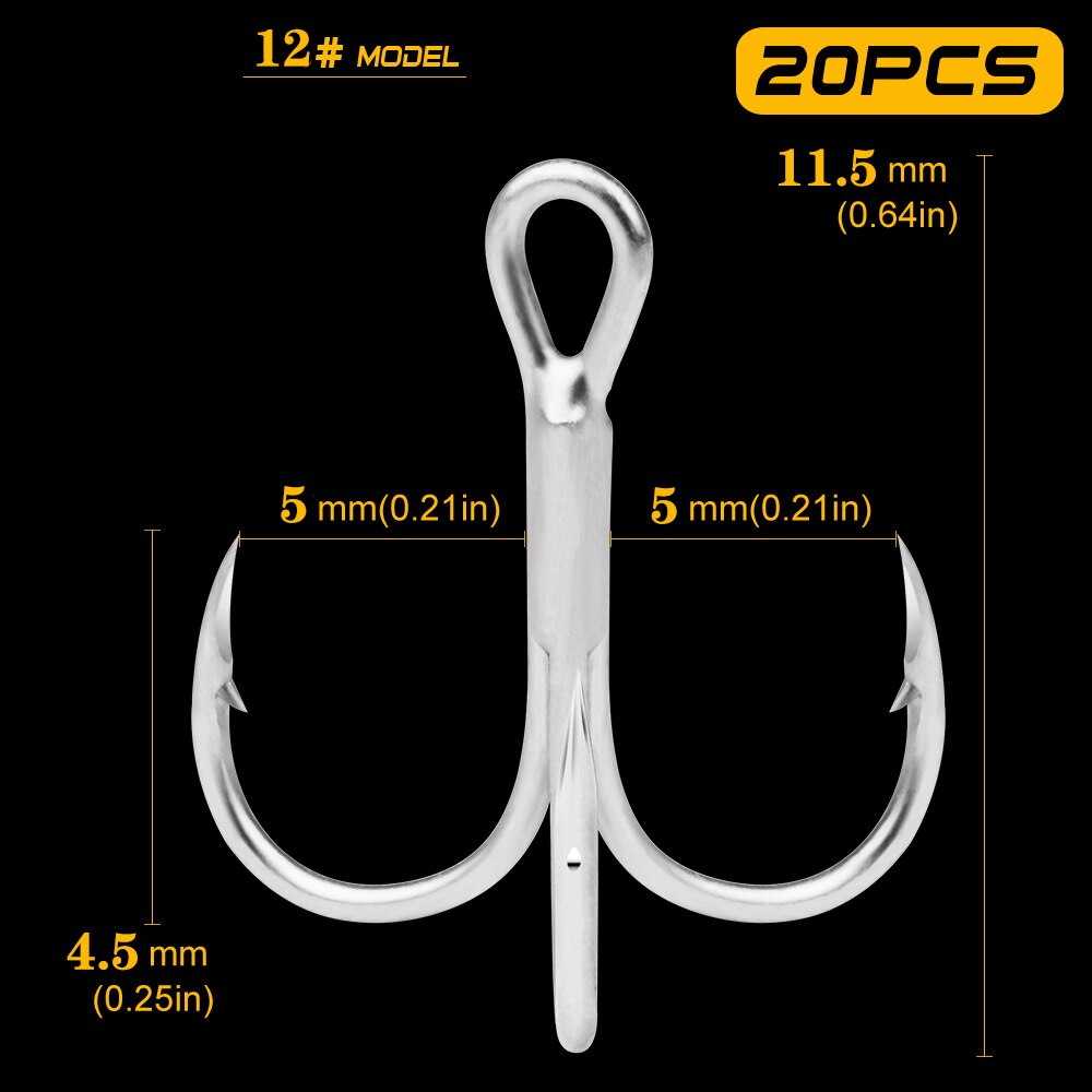 ST41-3X 20pcs/bag Fishing Hooks High Carbon Steel Treble Hooks Silver Super Sharp 2# 4# 6# 8# 10# 12# High Strength Hooks Tackle: 12