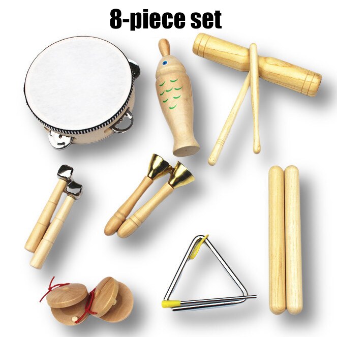 Juego de instrumentos musicales hechos de madera para niños pequeños, bolsa de transporte, juego de juguetes de percusión Musical para niños, banda de xilófono, pandereta, 10 unids/set por Set: 8 piece set