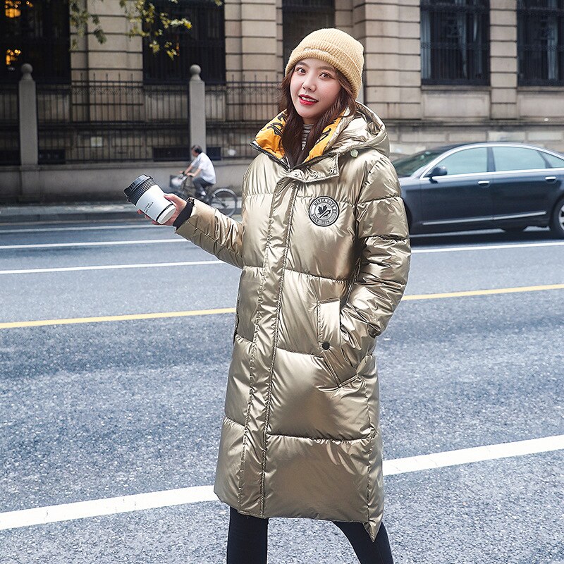 Glossy Silver Down Jackets Winter Women's Long Hooded Coat Parkas Thick Winter Jacket Women Outwear Oversized: Champagne / XL