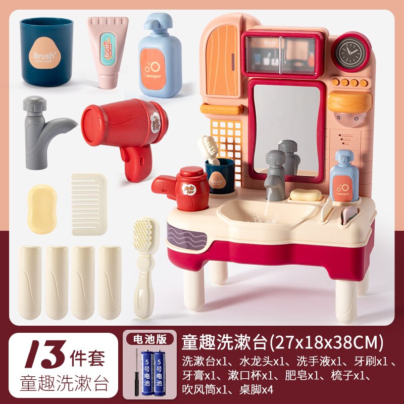 Kinderen Spelen Huis Wastafel Emulate Toy Meisje Leuke Jurk Up Tandenborstel Set Wastafel Simulatie Scène: Children s Fun Washbasin  Red  Battery Version