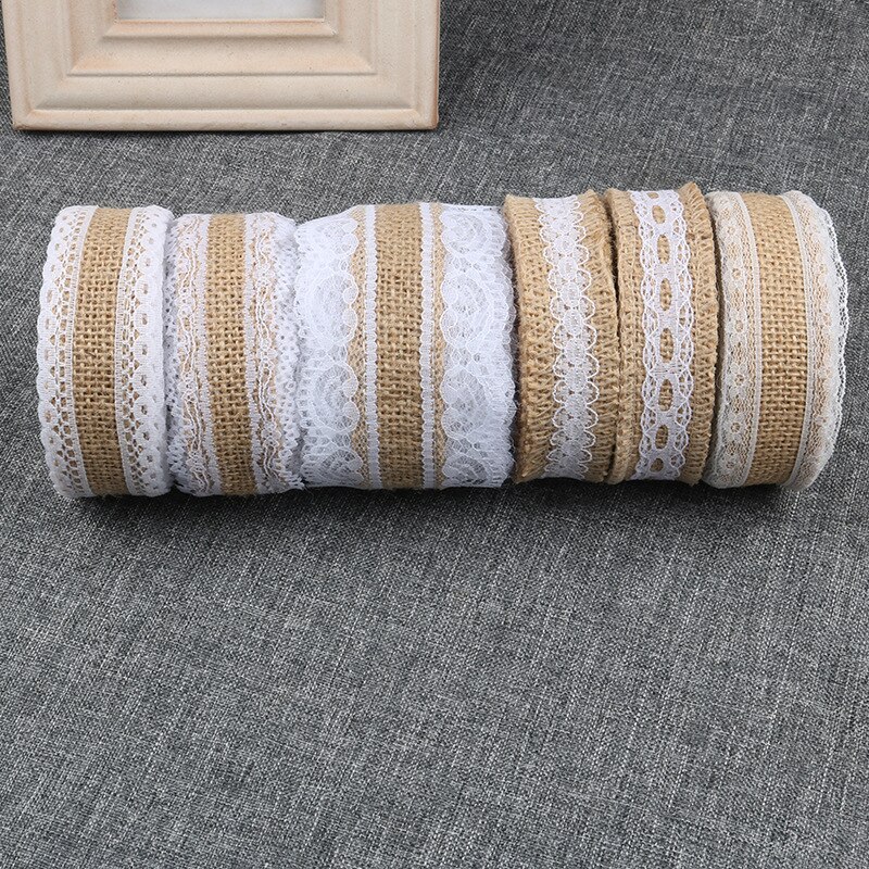 2 Meters/partij 25 Mm Jute Jute Hessische Lint Met Witte Kanten Rand Vintage Rustieke Bruiloft Decoratie Diy Handgemaakte Ambachten Lint