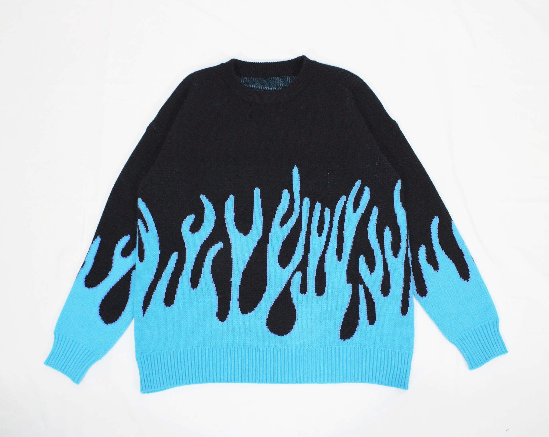 Woherb løst harajuku kvinder mand trøje strik top forår efterår flamme jacquard streetwear pullovere plus size vinter: Blå / M