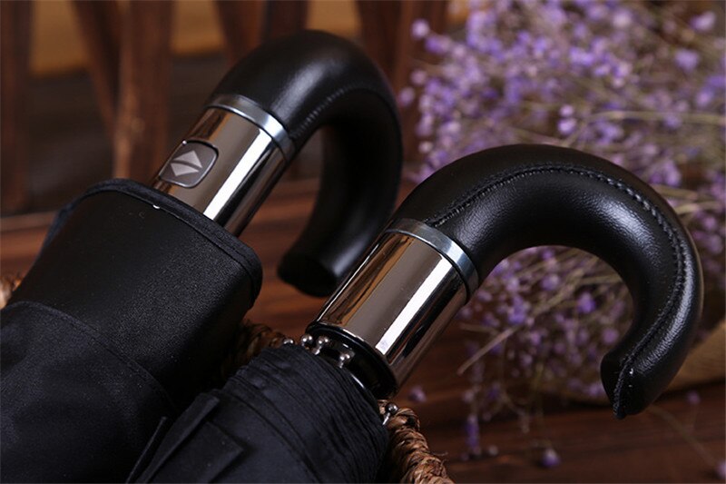 PALONYFully automatic folding wooden handle leather handle black business luxury carwindproof men's 10k sunny and rainy umbrella: C