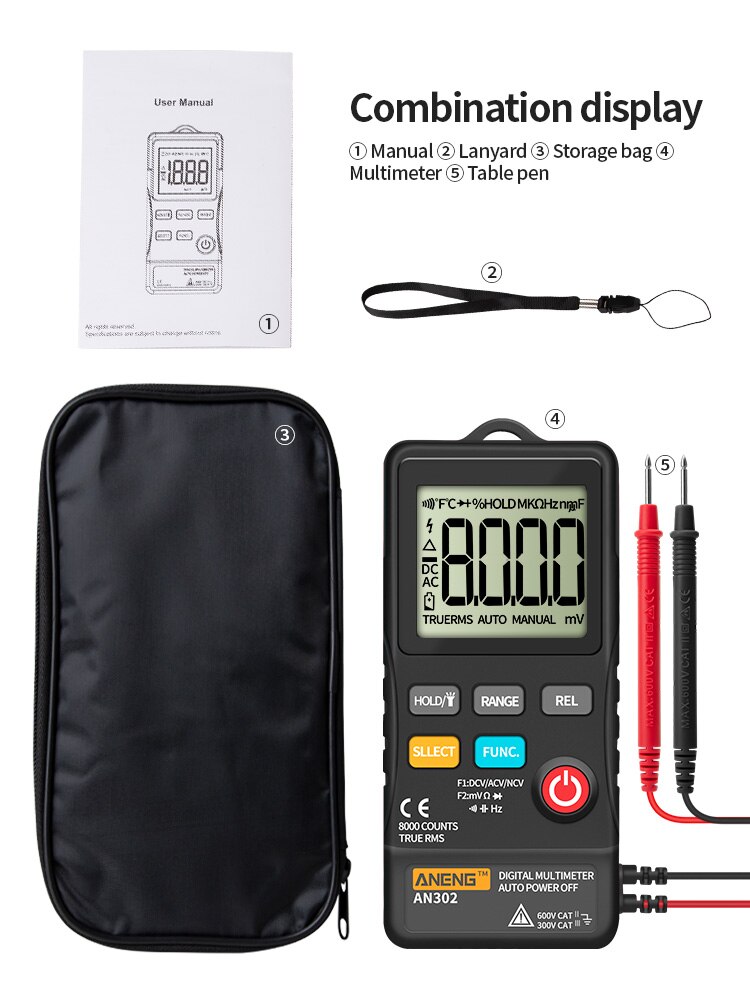 Aneng  an302 true rms digital multimeter tester 8000 teller en multimetro transistor testere bananaligator peak kabel meter: Svart