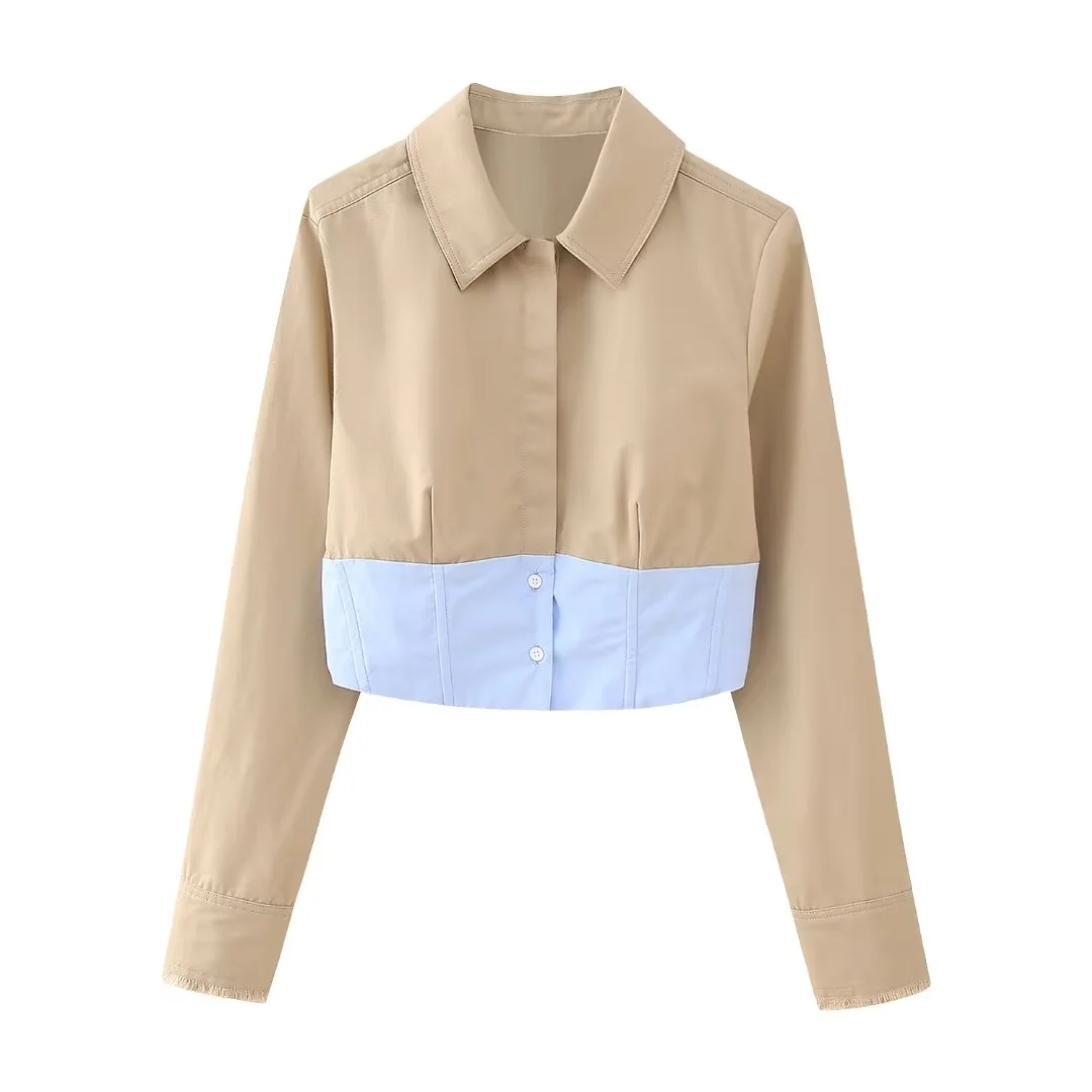 TRAFZA-Conjunto de falda caqui a la para mujer, blusa de retales, camisa recortada con botones de manga larga + faldas por debajo de la rodilla ajustadas con bolsillo frontal: XS / Beige