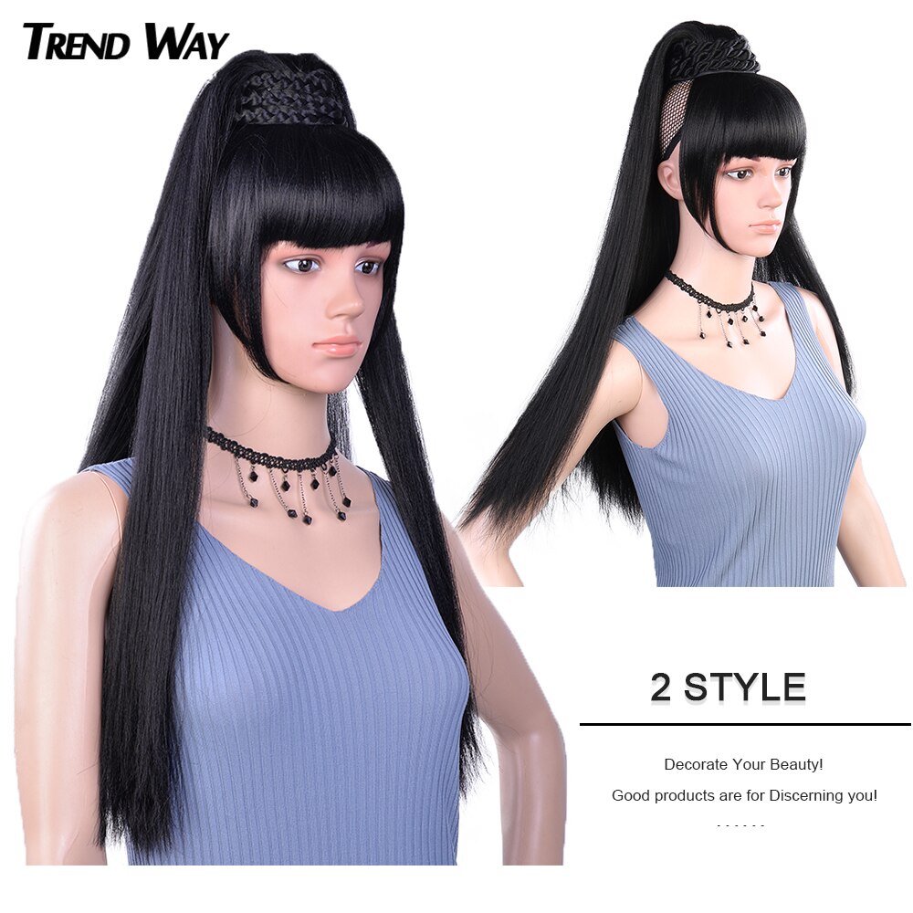 Pitkät suorat yaki-hiukset, synteettiset poninhännät ja otsatukka, nuttura, kaksi paria hiusklipsiä, naisille, mustat hiustenpidennykset