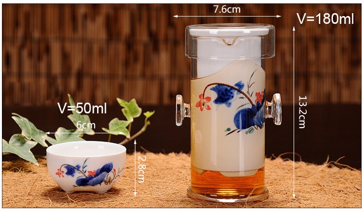 Kinesisk kung fu-tesæt, tekande af glas med filter og porcelæn-tekopper, varmebestandighed