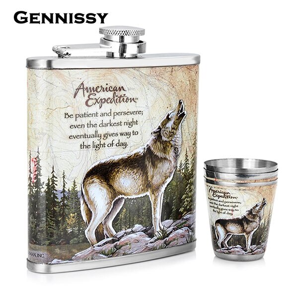 Gennissy wolf og skov mønster mini alkohol flaske 7oz metal bar og udendørs sports dedikeret rustfrit stål hoftekolbe sæt: Stil 1
