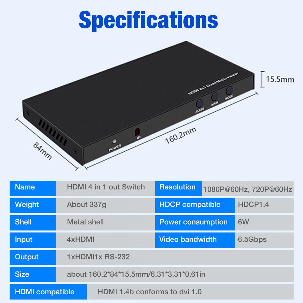 Hdmi 4X1 Quad Multi-Viewer Naadloze Hdmi Switch Screen Splitter Met Afstandsbediening 4 In 1 Out hdmi Switch Met 5 Display Modes