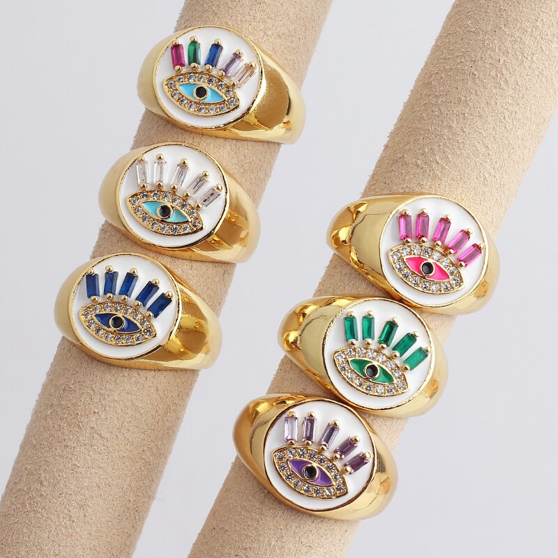 Trendy Chunky Evil Eye Ringen Regenboog Keuze Verstelbare Signet Ronde Ring Koper Cz Sieraden Party Wedding Voor Vrouwen