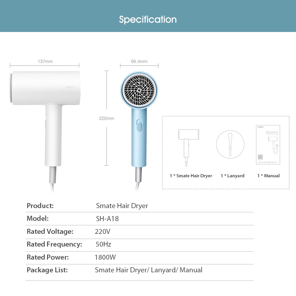 Xiaomi Smate Hair Dryer 1800W Hairdryer 3 Gears Negative Ions Dual-layer Air Intake Net Overheating Quick-drying Hair Tools 220V