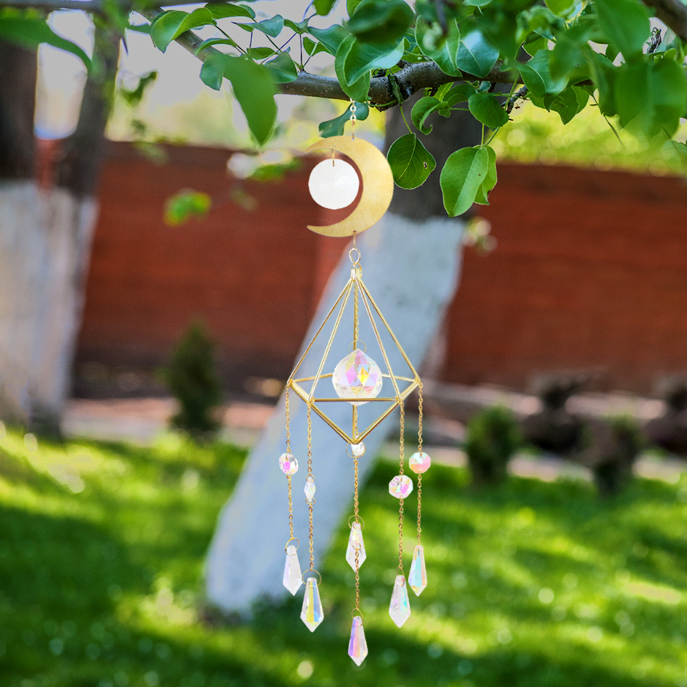 Carillón de viento de cristal con forma de diamante para decoración del hogar, adorno colgante para el sol, con forma de Luna, arcoíris, Prisma, atrapamoscas para jardín y Patio