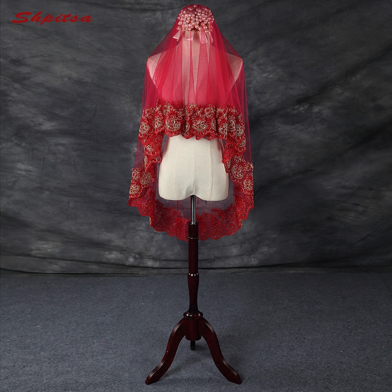 Red Lace Wedding Veil Short One Layer Bride Bridal Veils