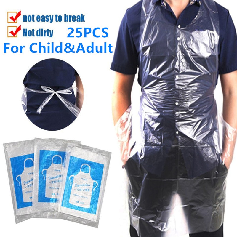 25Pcs Disposable Aprons Adult Child Plastic Waterproof Oil-proof Clothes Kitchen Hairdresser Barbecue Baking Cleaning Tools