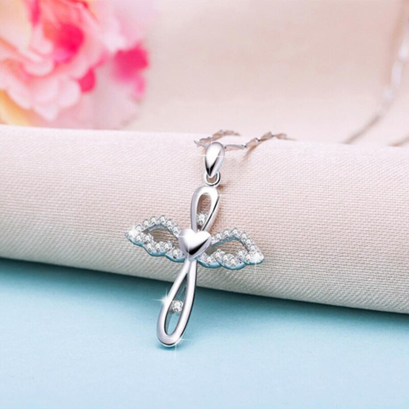 Kofsac Trendy 925 Zilveren Kettingen Voor Vrouwen Charmante Liefde Hart Vleugels Kruis Hanger Sieraden Meisje Engagement Accessoires