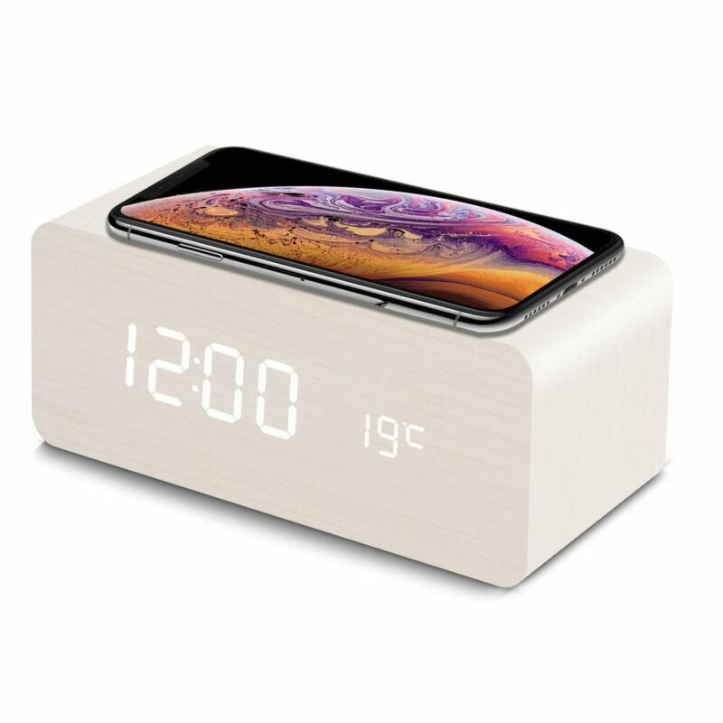 4 Kleuren Moderne Houten Digitale Led Desk Wekker Thermometer Qi Draadloze Oplader Voor Home Office