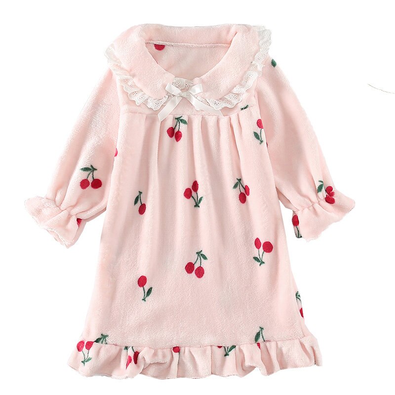 Prinsesse høst vinter flanell pyjamas nattkjole til jenter kirsebær skrive ut fleece nattkjole låve nattkjoler soveskjorter varm kappe: Rosa / 7