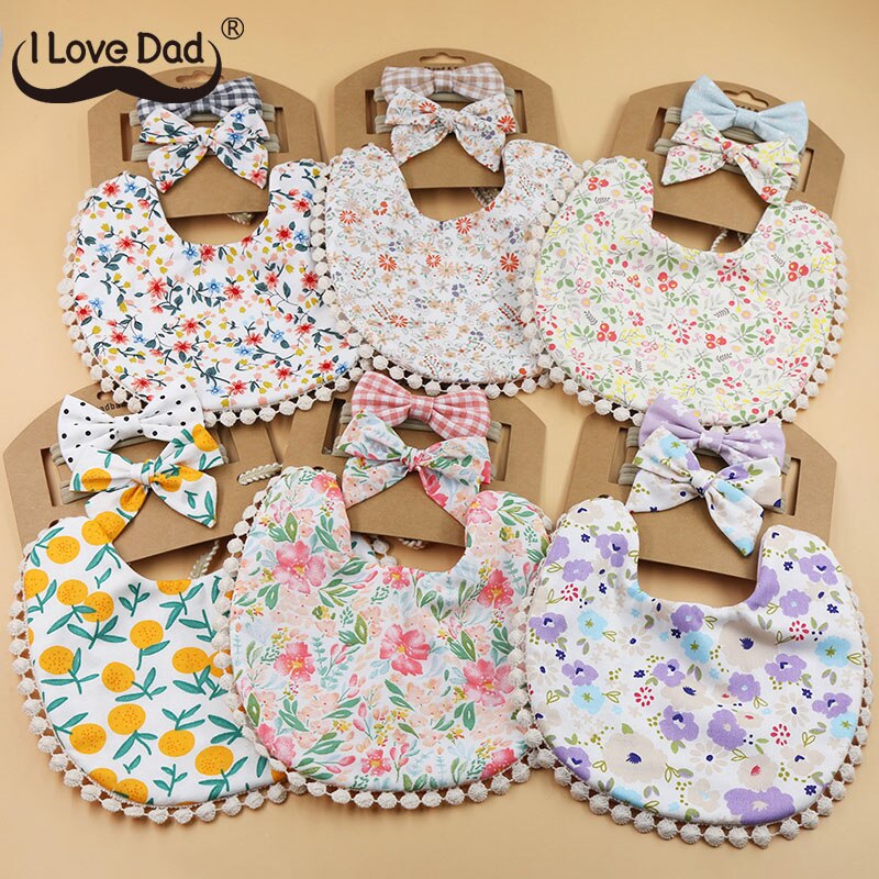 Babadores de algodão para bebês com estampa de flores, 3 peças, conjunto de avental para crianças e meninas, panos para arrotar, turbante, material de alimentação