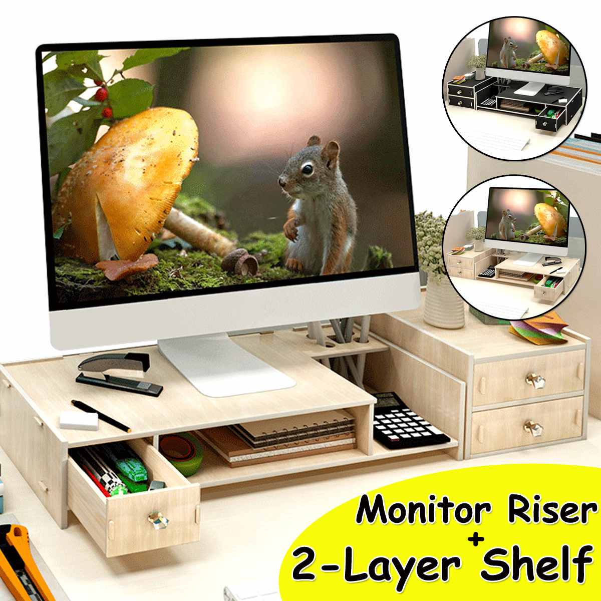 Computer Monitor Riser Desktop Stand Wood Shelf Plinth Strong Laptop Stand Desk Holder Monitor Holder with Storage Box Organizer