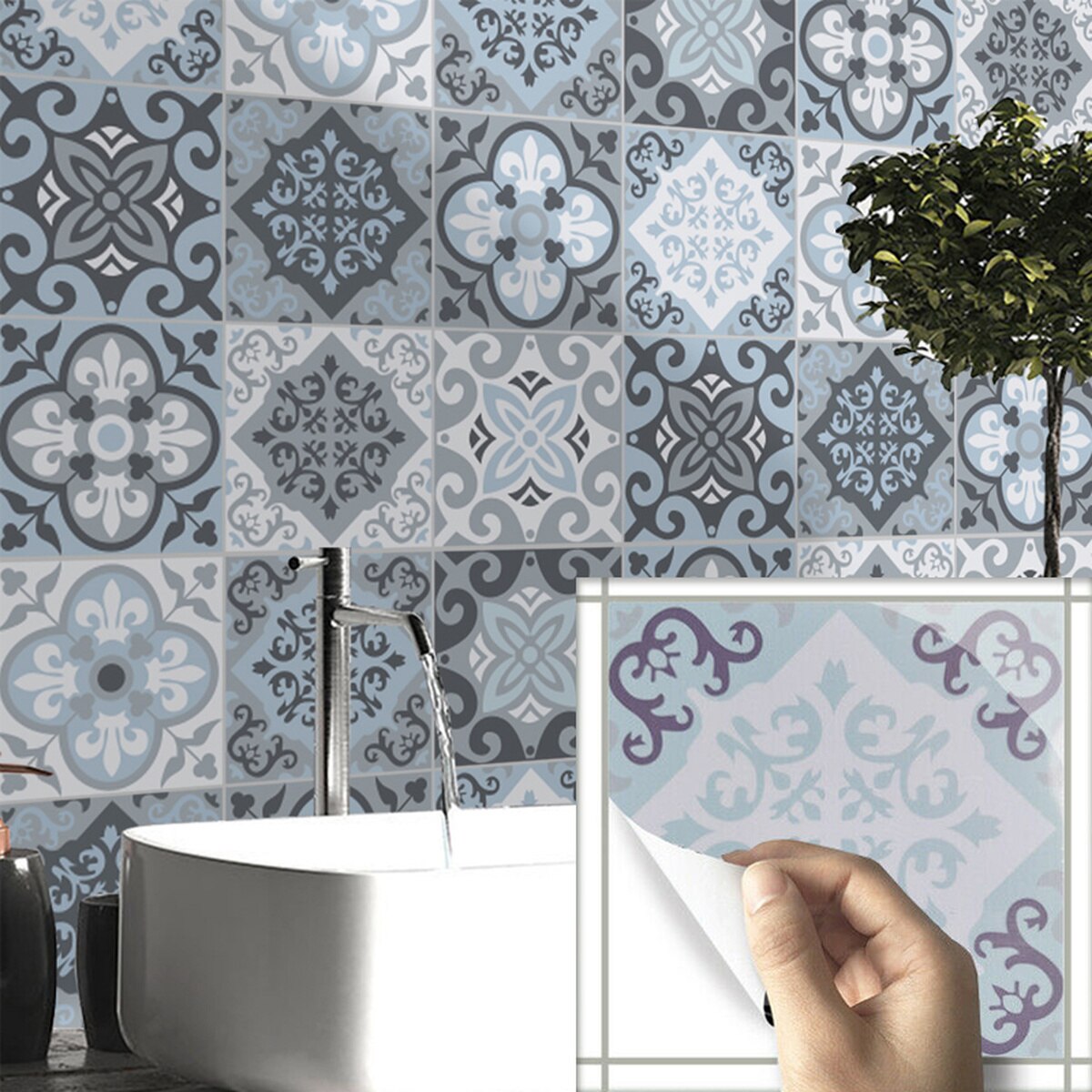 10Pcs Mediterranean Blue Geometric Tile Stickers Bathroom Kitchen Home Anti-skid Wall Stickers DIY Stickers Wallpaper
