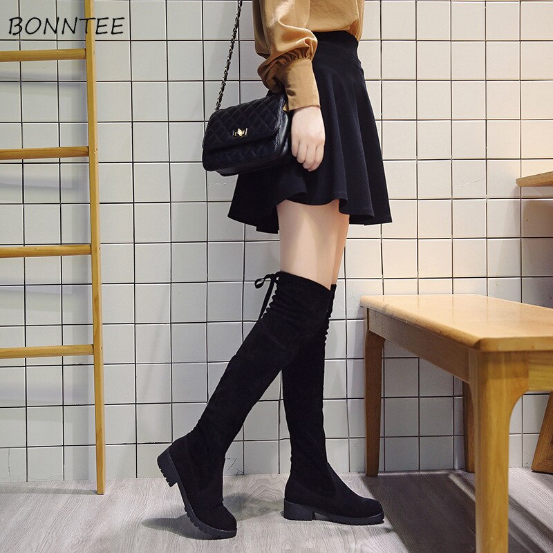Laarzen Vrouwen Solid Flock Over-de-Knie Lange Laars Womens Trendy Koreaanse Vierkante Hak Winter Dij Hoge schoenen Vrouwelijke Warm