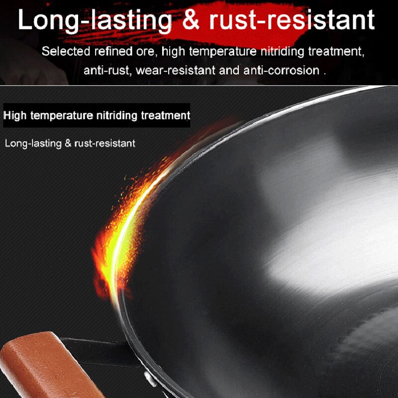Ijzeren Wok Traditionele Handgemaakte Ijzeren Wok Non-stick Pan Non-Coating Gas Fornuis Inductie Kookplaat Universele kookgerei