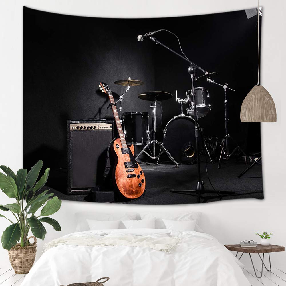Musical Instruments Guitar with Drum in Black Wall Tapestry Art