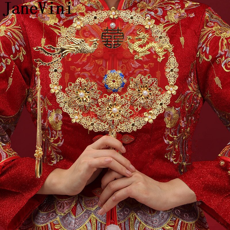 JaneVini bricolage ventilateur de mariée Style chinois Vintage mariage mariée main ventilateur Bouquet à la main perle rouge métal fleur ventilateur support étagère