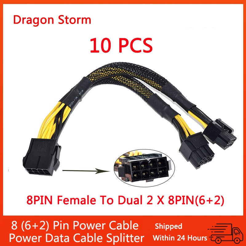 Original 10 stk 6 pin 8 pin pci express til dual pcie 8 (6+2) pin strømkabel grafikkort pci-e gpu strøm datakabel splitter 22cm: 8 ben plus -10