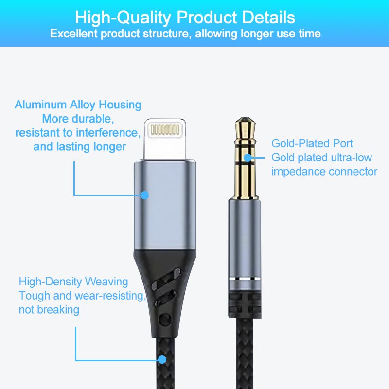 Lightning  to 3.5mm- jack aux-kabel 8- pins til aux 3.5mm hodetelefonadapter lydkabelkontakt splitter for iphone bilhøyttaler