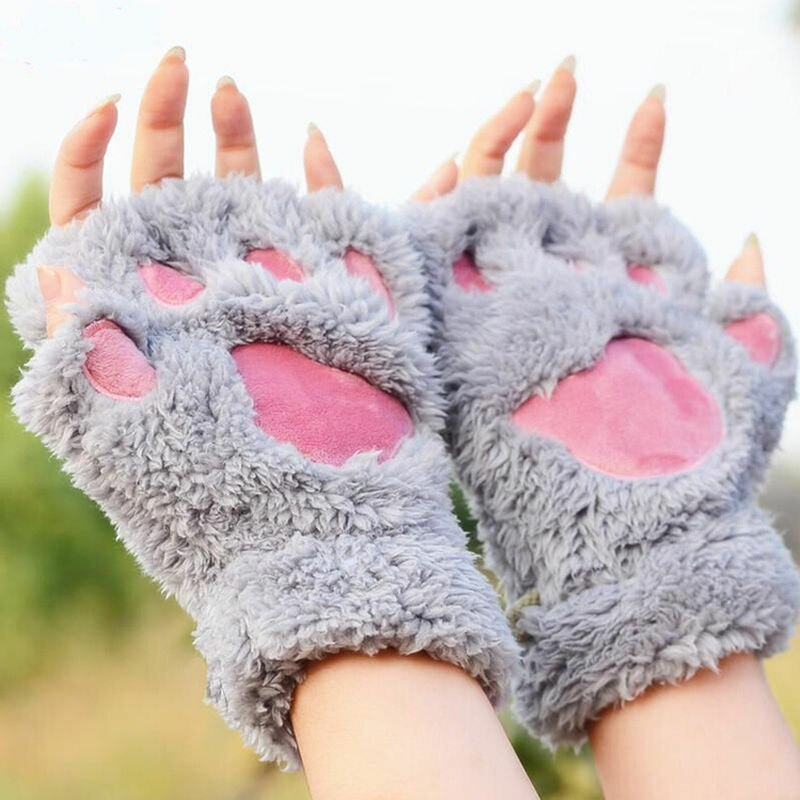 Winter Vrouwen Mooie Beer Kat Claw Paw Mitten Pluche Handschoenen Korte Vinger Grijs Koffie Kaki Beige Zwart Groen: GRAY