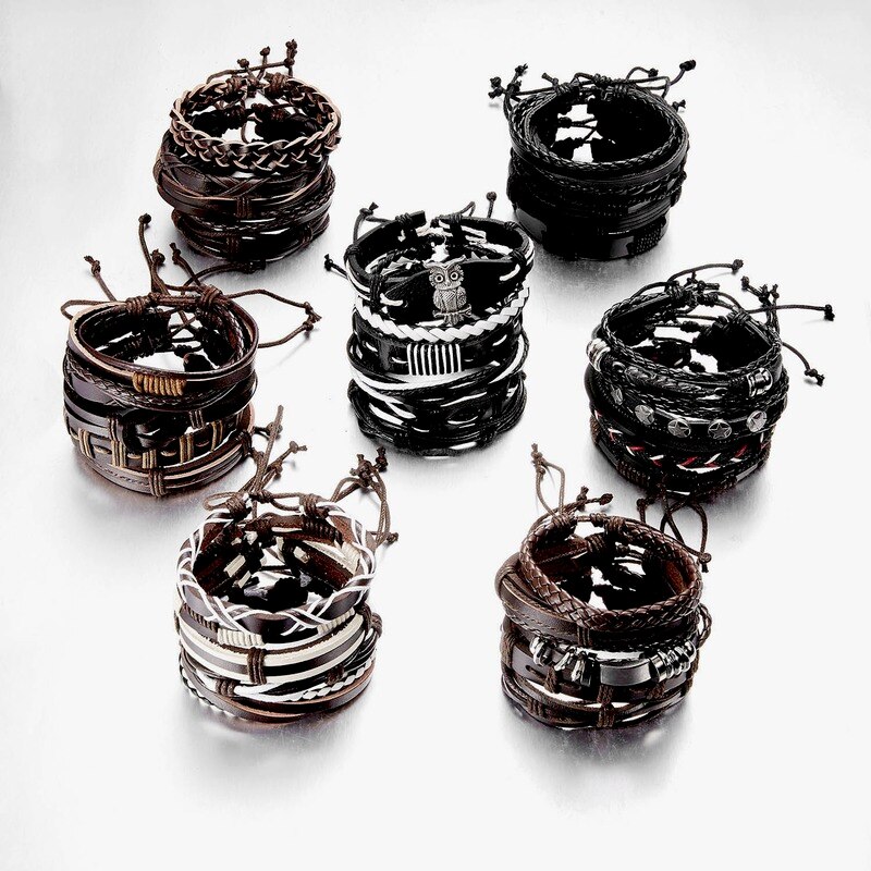 Accessoires de main rétro pour hommes, ensemble réglable en cuir tricoté croisé, Bracelet accessoires pour main, 5 pièces