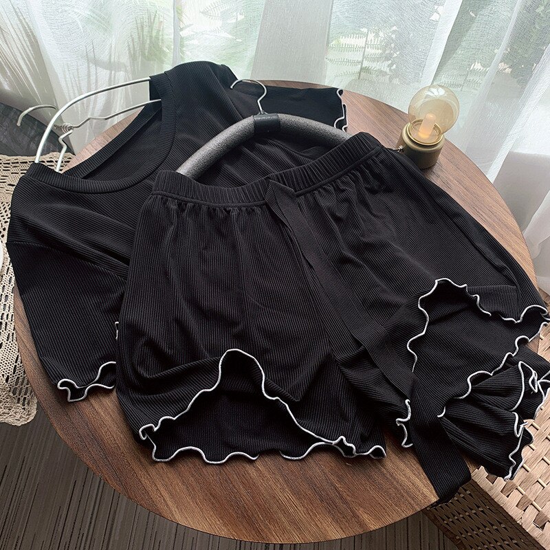 Summer Pajamas with Shorts Women Home Suit Female Pajamas Set Atoff Home Costumes Summer Women's Home Clothes Homewear: Black