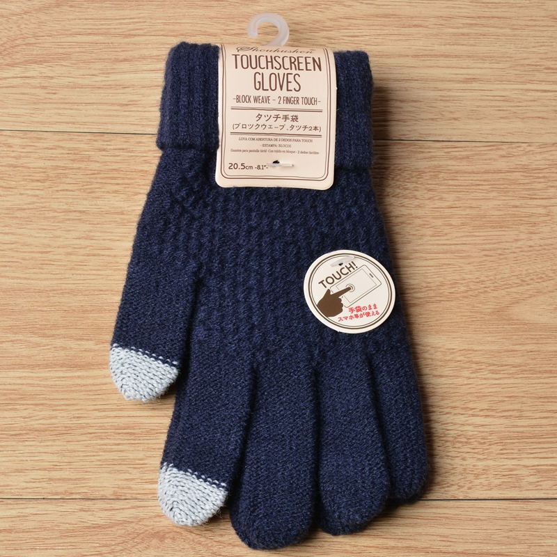 Kvinnor män varma vinter pekskärmshandskar stretch stickade vantar ull helfinger guantes kvinnlig virkhandske: Marin