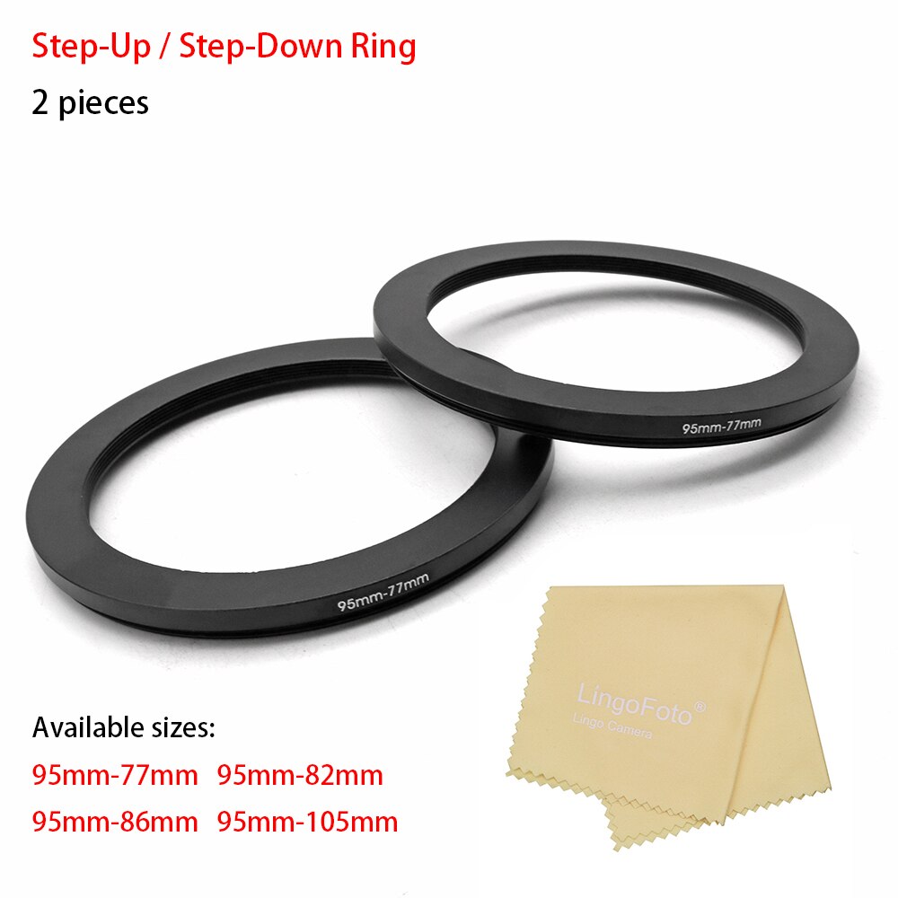 2-Stuks Step Up / Step Down Ring Filter Adapter Ring Met Een Lens Schoonmaakdoekje, 95Mm-77Mm, 95Mm-82Mm, 95Mm-86Mm, 95Mm-105Mm