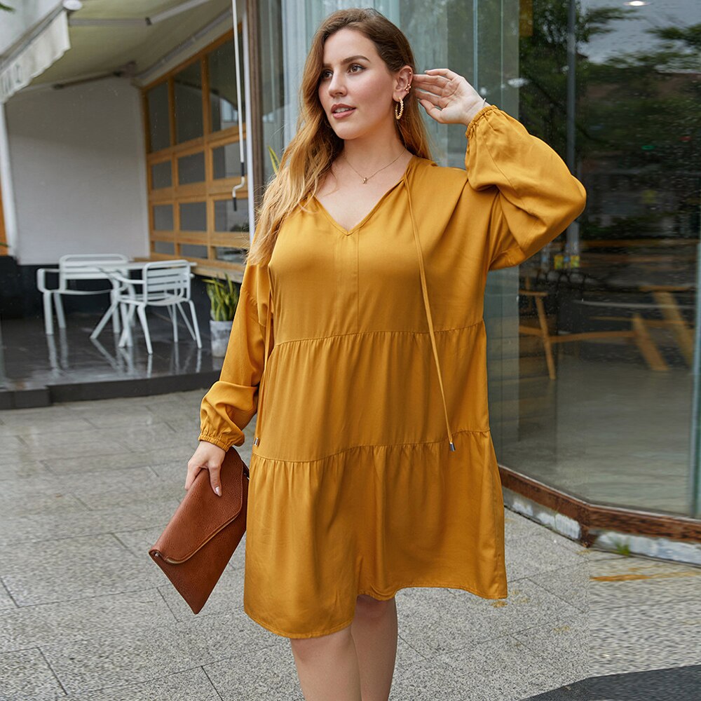 Mode Vrouwen Zomer Lange Mouw Jurk Plus Size Vrouwelijke V-hals Ruches Strand Jurk Losse Oversized Midi Jurken