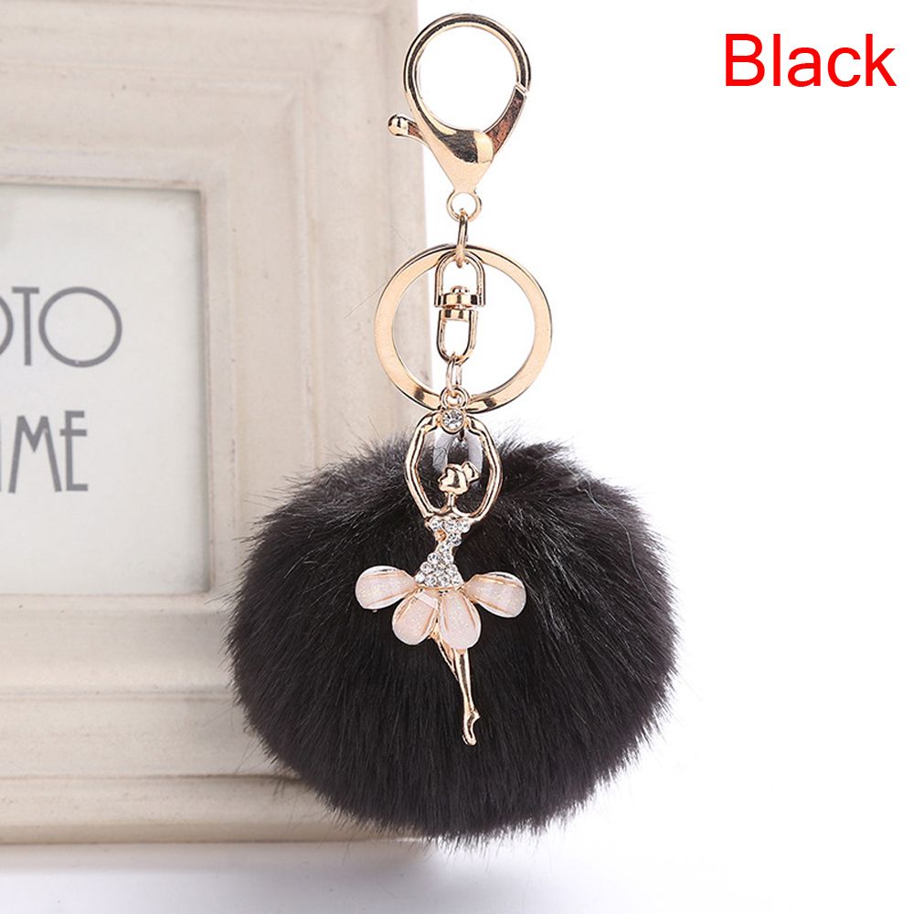 Cute Faux Rabbit Fur Key Ring Fluffy Ballet Girl Car Keychain Key Chain Women Bag Keys Accessories: Black