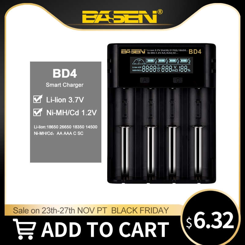 BASEN BD4 LCD Battery Charger for 18650 26650 21700 18350 AA AAA 3.7V/3.2V/1.2V NiMH Battery 18650 Smart Charger