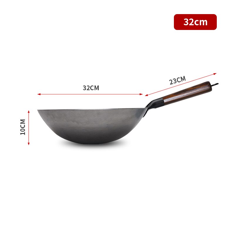 Iron wok China Traditional Wok Handmade Non-coating Woks with Wooden Handle For Kitchen Gas Cookware 1 to 2 People: 32cm