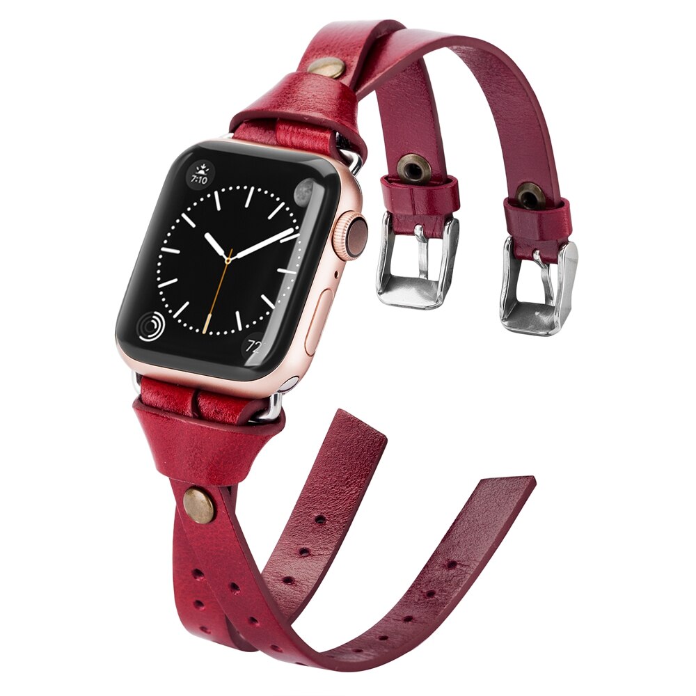 Toyouths dobbel skinnrem for apple watch serie 5 4 3 2 1 stropp for iwatch chic kvinner menn skinn 38mm/40mm /42mm/44mm: Treet rødt / 38mm 40mm