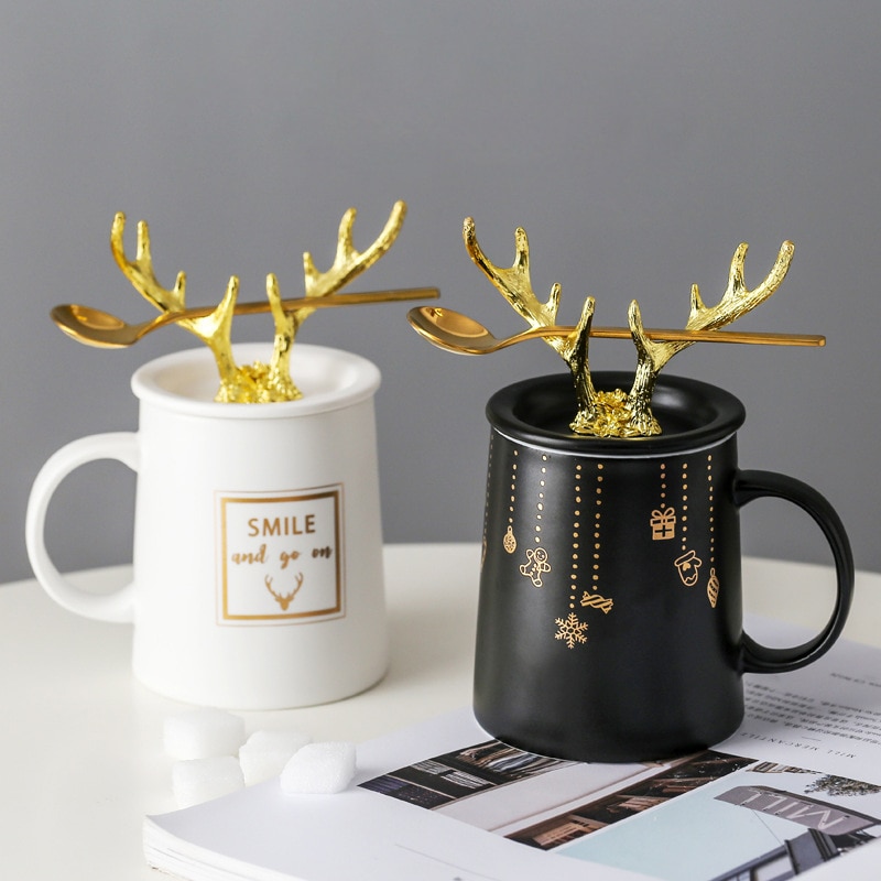 Creatieve Paar Mok Nordic Keramische Gewei Kerstcadeau Thuis Met Deksel En Lepel Melk Koffie Ontbijt Cup Keuken Drinkbeker
