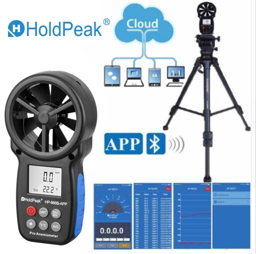 0.3~30m/s Digital Anemometer With Mobile APP Wind Speed Measurement Meter Measure Temperature Tester tools,HoldPeak HP-866B-APP