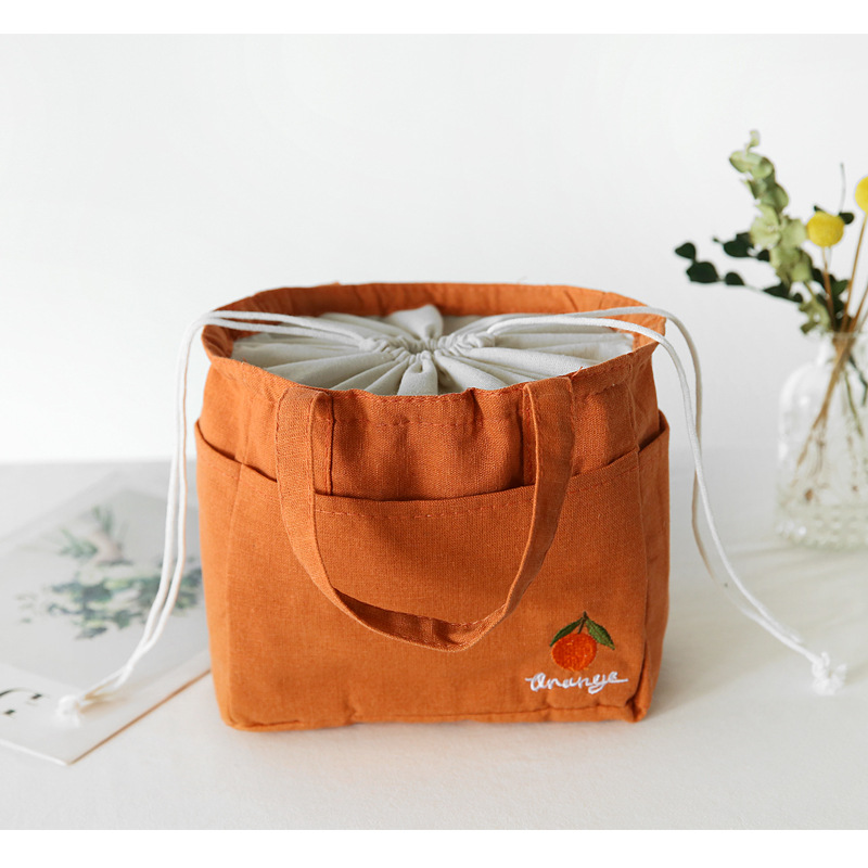 Japanese Cute Drawstring Pocket Stitch Thermal Lunch Bag for Kids Fruit Embroidery Handbags Portable Lunch Box ToteBags: Blue