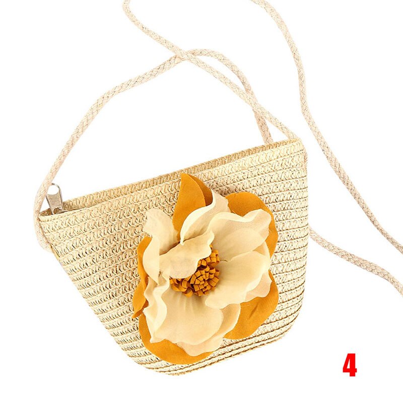 Women Girls Straw Sun Hat + Cute Flower Straw Shoulder Bag Set Summer Beach Kit -B5