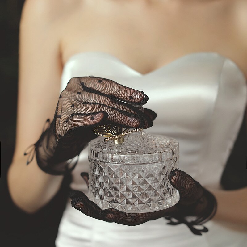Women Gloves Lace Full Finger Gloves Short Tulle Gloves Etiquette Gloves Stretchy Lotus Leaf Sheers Black Mittens Wedding Gloves