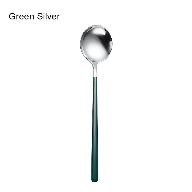 Stainless Steel Spoon Korean Style Spoon Household Exquisite Long Handle Spoon Soup Bibimbap Spoon JW: Green silver